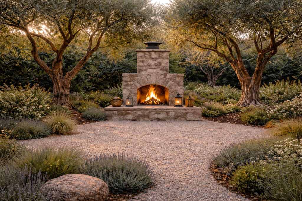olive garden with gravel ground, olive trees, and central outdoor fireplace creating a warm focal point