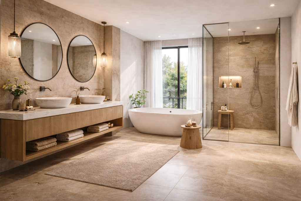 Luxury bathroom with warm wood tones and natural stone tiles, modern vanity and walk-in shower ideas on remodelling a bathroom