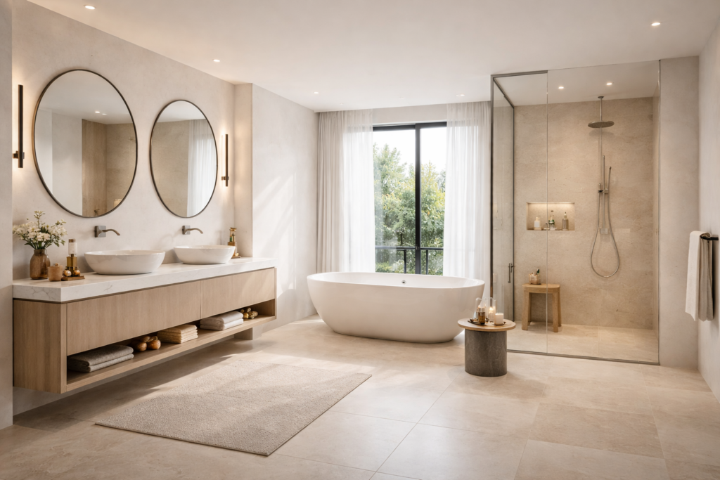 Minimalist luxury bathroom with clean lines, floating vanity, glass shower, and neutral tones ideas on remodelling a bathroom