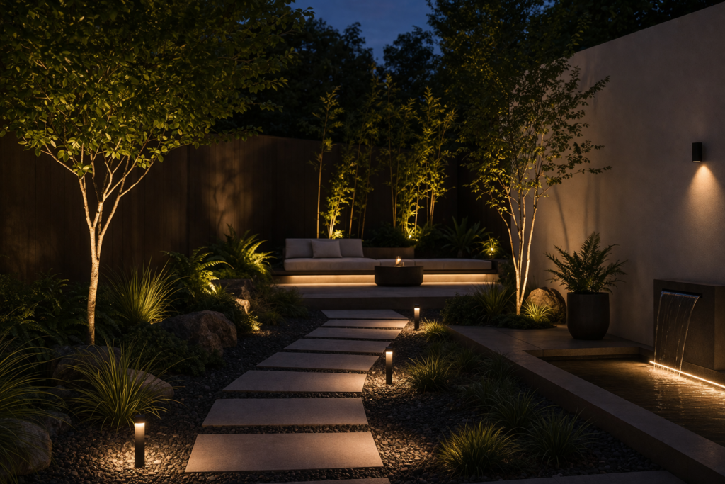 Garden lighting ideas outdoor with minimal lighting using subtle ground lights and soft ambient glow in a modern garden