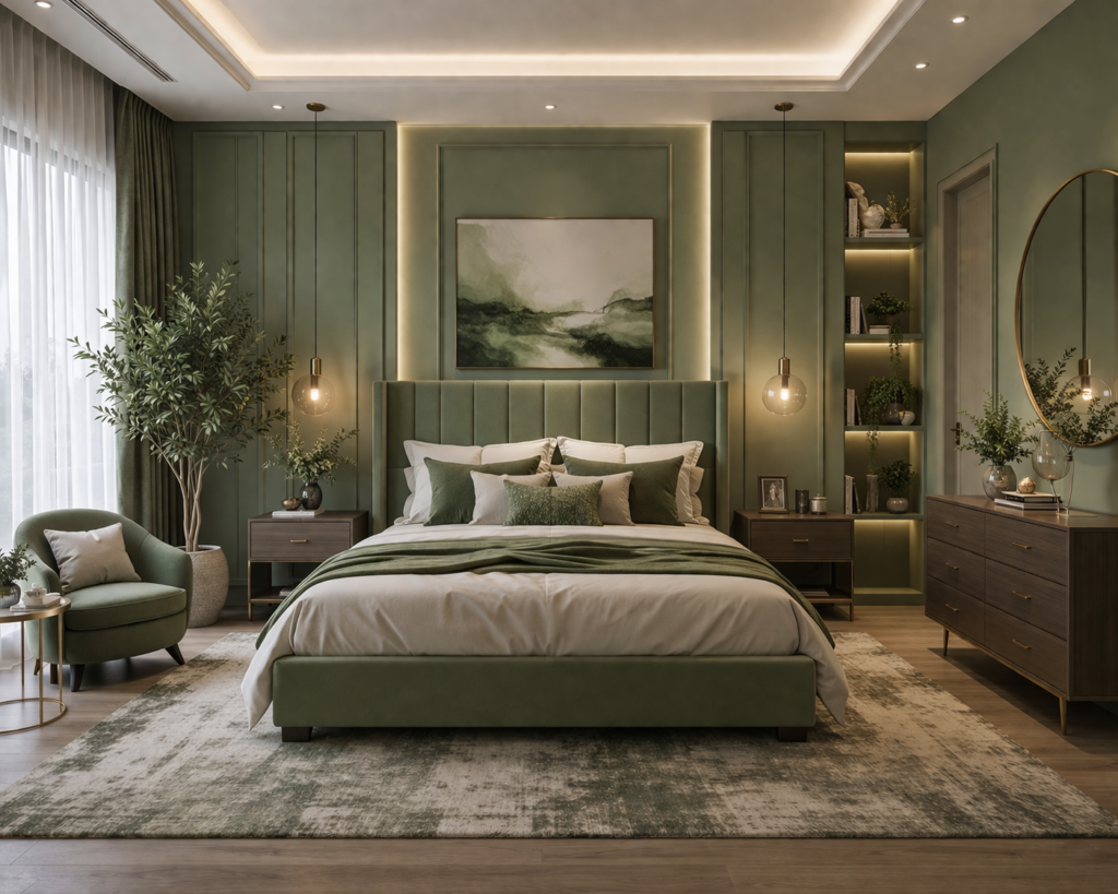 modern sage green master bedroom with stylish furniture and soft lighting master bedroom paint color ideas