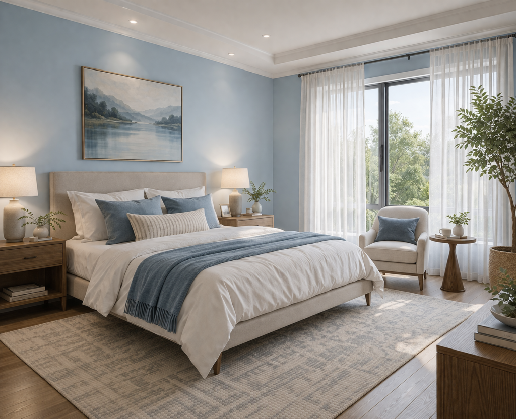 Modern bedroom with soft blue walls and thin curtains showing master bedroom paint color ideas