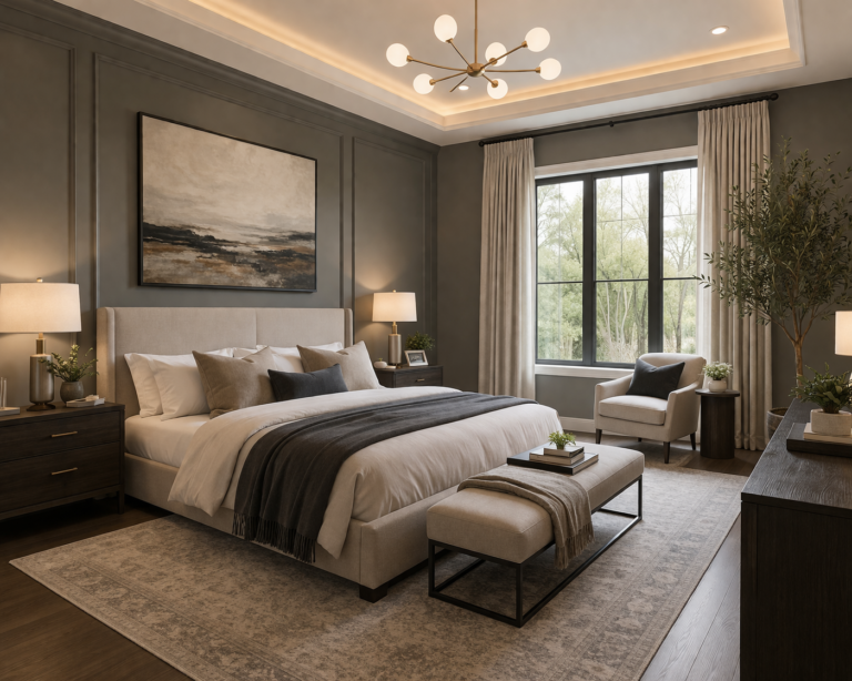Modern master bedroom with neutral tones and elegant wall finishes showcasing master bedroom paint color ideas