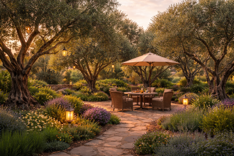 olive garden backyard with mature olive trees, stone pathway, and cozy outdoor seating area