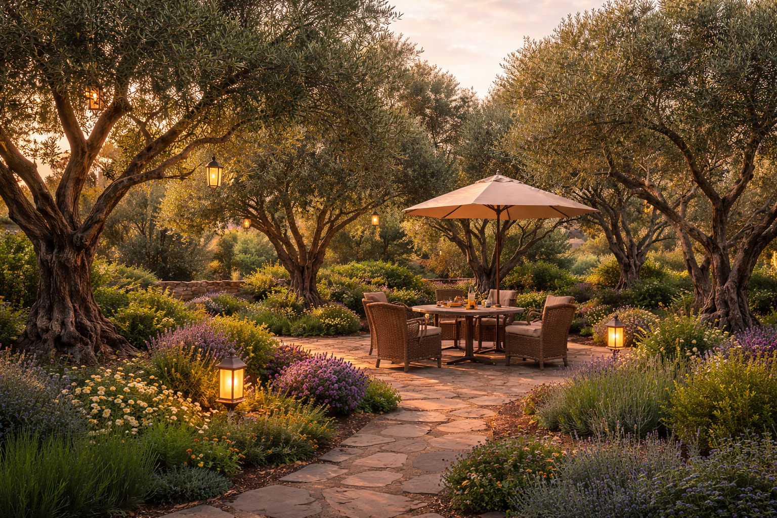 olive garden backyard with mature olive trees, stone pathway, and cozy outdoor seating area