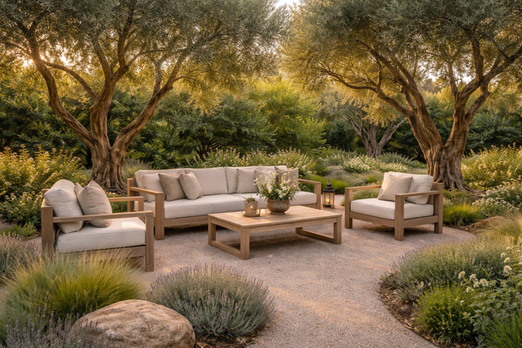 olive garden with light outdoor seating under olive trees and soft natural landscaping