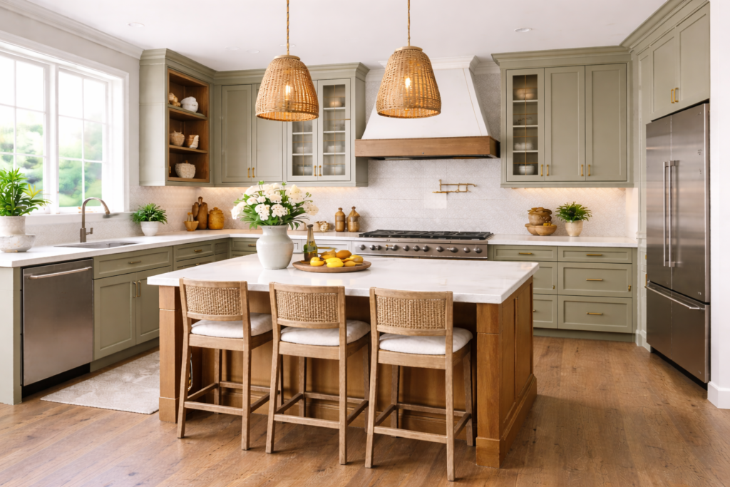 Earthy kitchen cabinets ideas with natural wood cabinets, warm tones, textured finishes, and a modern island in a cozy kitchen