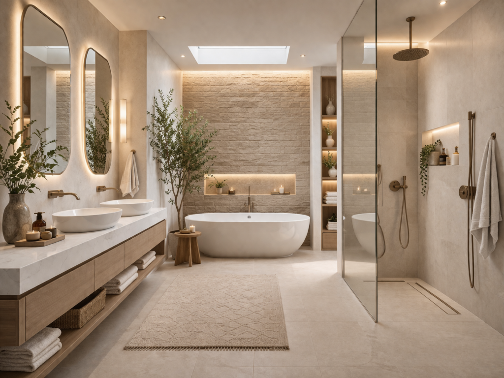 Luxury bathroom with walk-in shower, frameless glass, freestanding tub, and warm neutral tones ideas on remodelling a bathroom