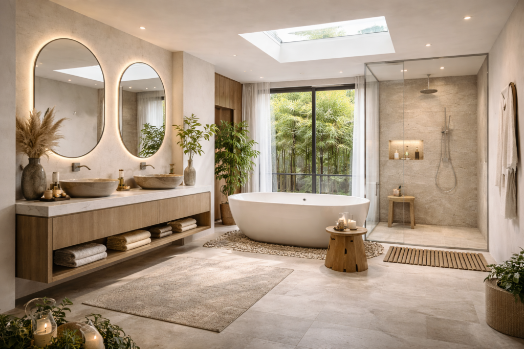 Luxury spa-style bathroom with soaking tub, natural wood accents, soft lighting, and calm ambiance ideas on remodelling a bathroom
