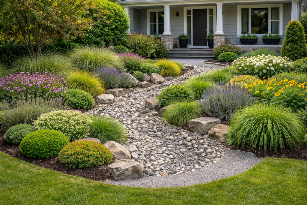 Garden front yard ideas with slight dip, gravel pathway, and deep-root plants for drainage
