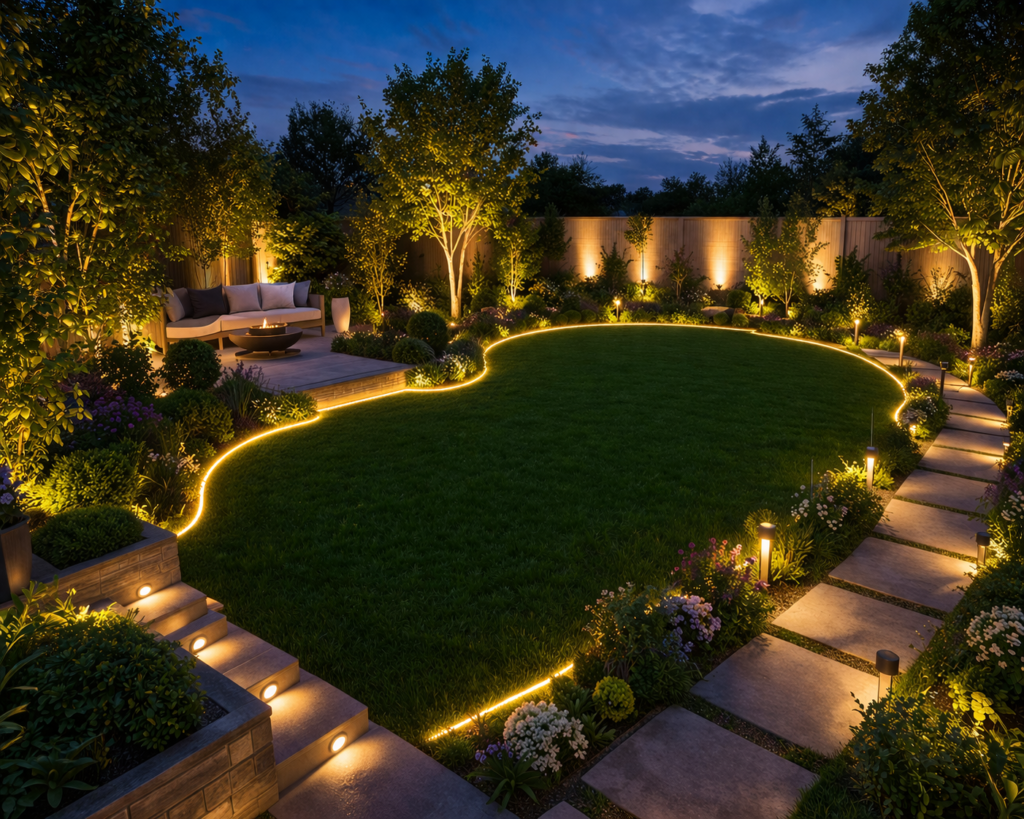 Garden lighting ideas outdoor with warm LED border lighting around lawn, pathway lights, and illuminated trees in a modern backyard