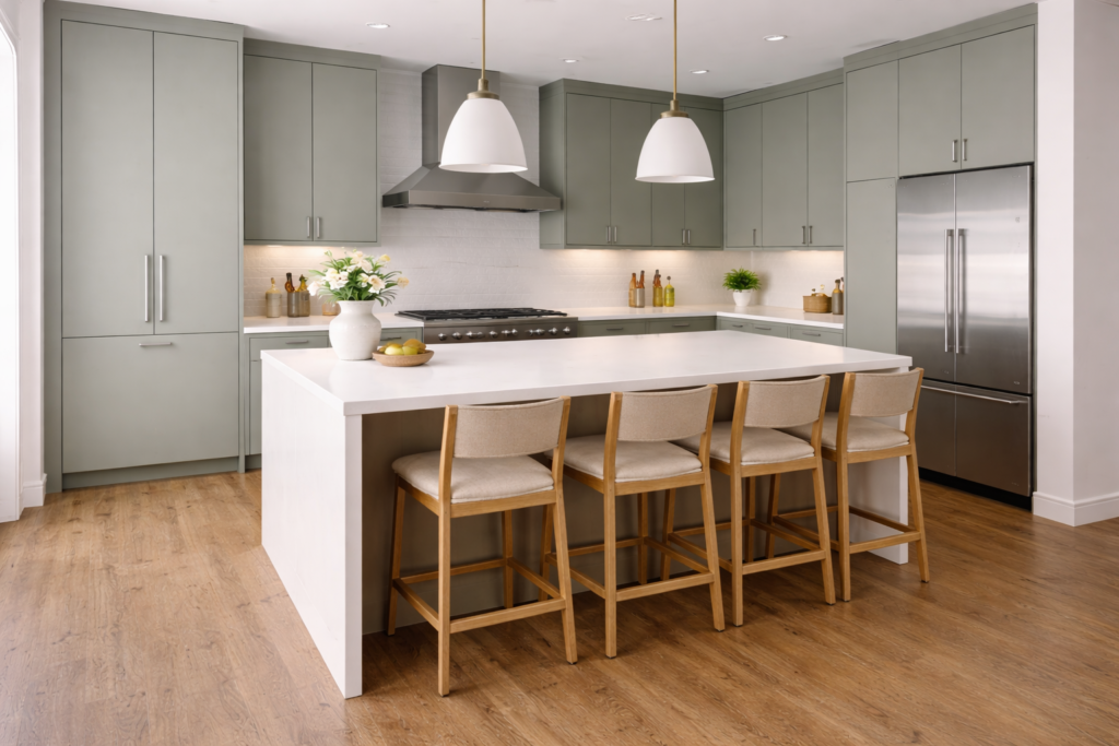 Modern kitchen cabinets ideas with matte finish cabinets, soft neutral tones, minimalist design, and a sleek island in a contemporary kitchen