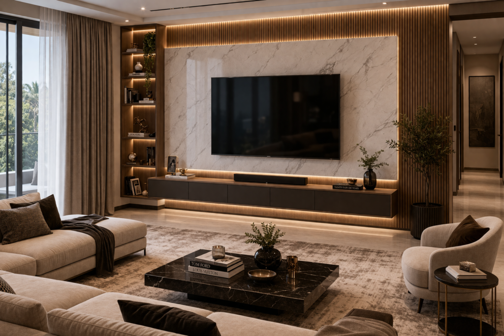 modern luxury living room furniture with wall mounted tv unit and floating cabinet design