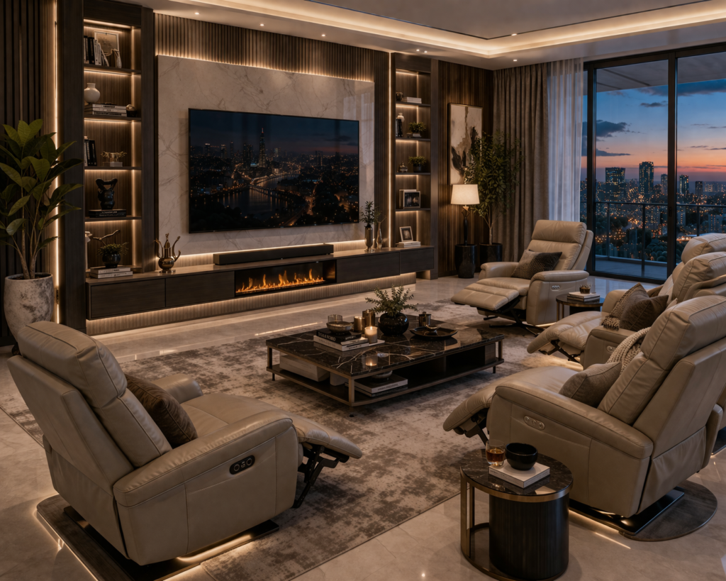 modern luxury living room furniture with recliner chairs and comfortable seating setup