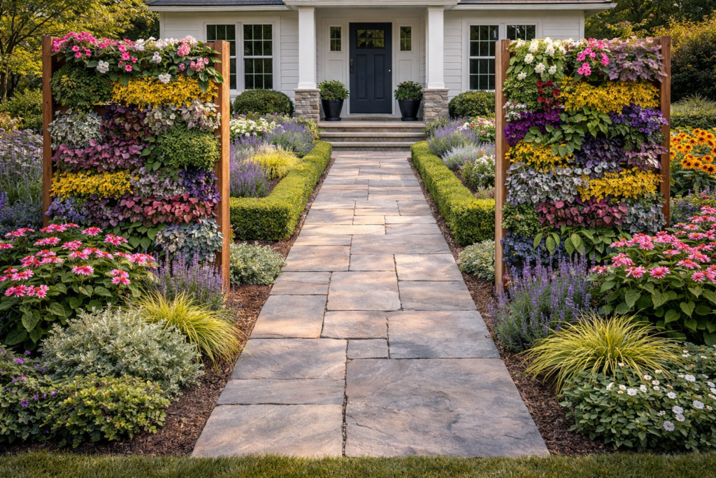 Garden front yard ideas with vertical garden walls, climbing plants, and space-saving greenery