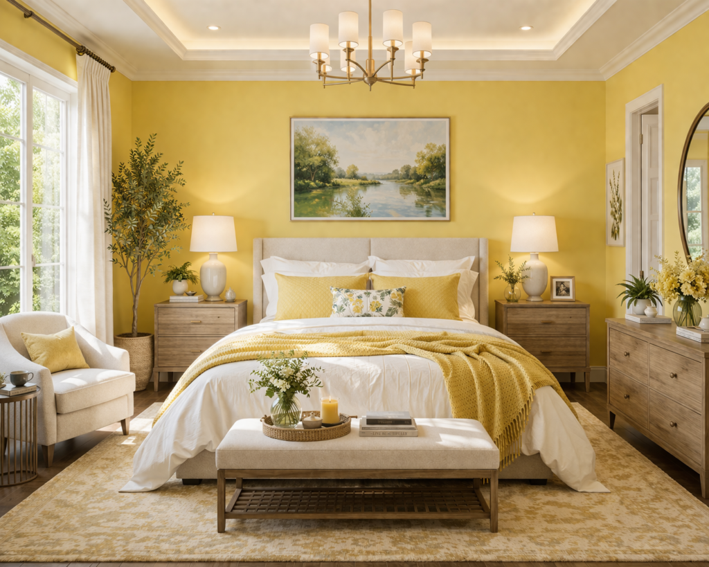 Lemon yellow master bedroom with bright walls, soft decor, and natural light showcasing master bedroom paint color ideas.