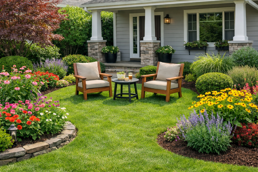 Garden front yard ideas with green lawn, colorful flowers, and simple seating area