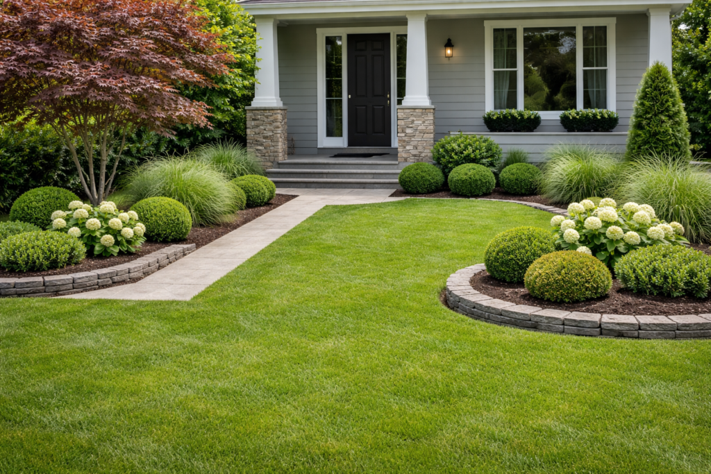 Garden front yard ideas with fewer plants, open lawn, and simple minimalist layout