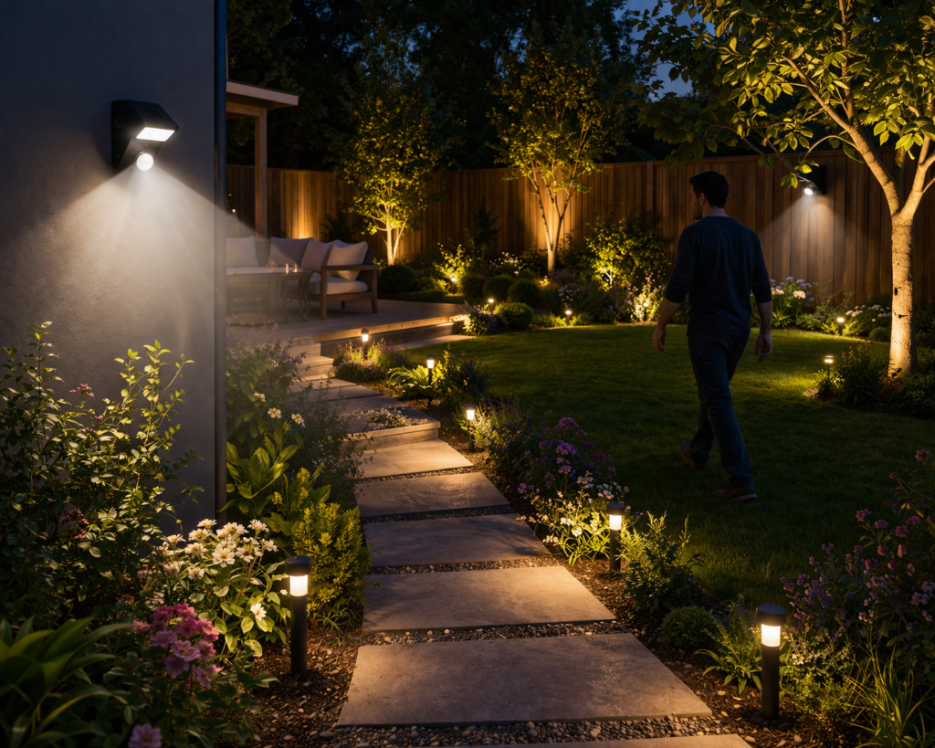 Garden lighting ideas outdoor with motion sensor lights along pathway, softly illuminating plants and lawn at night