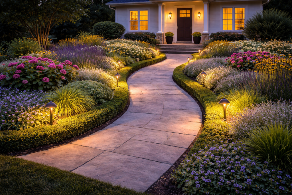 Garden front yard ideas with outdoor lighting, illuminated pathways, and warm landscape lights