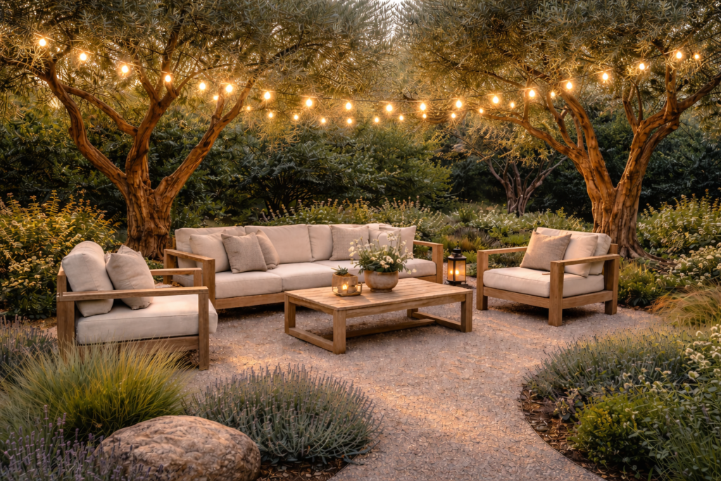 olive garden with string lights over outdoor seating area under olive trees creating a cozy ambiance
