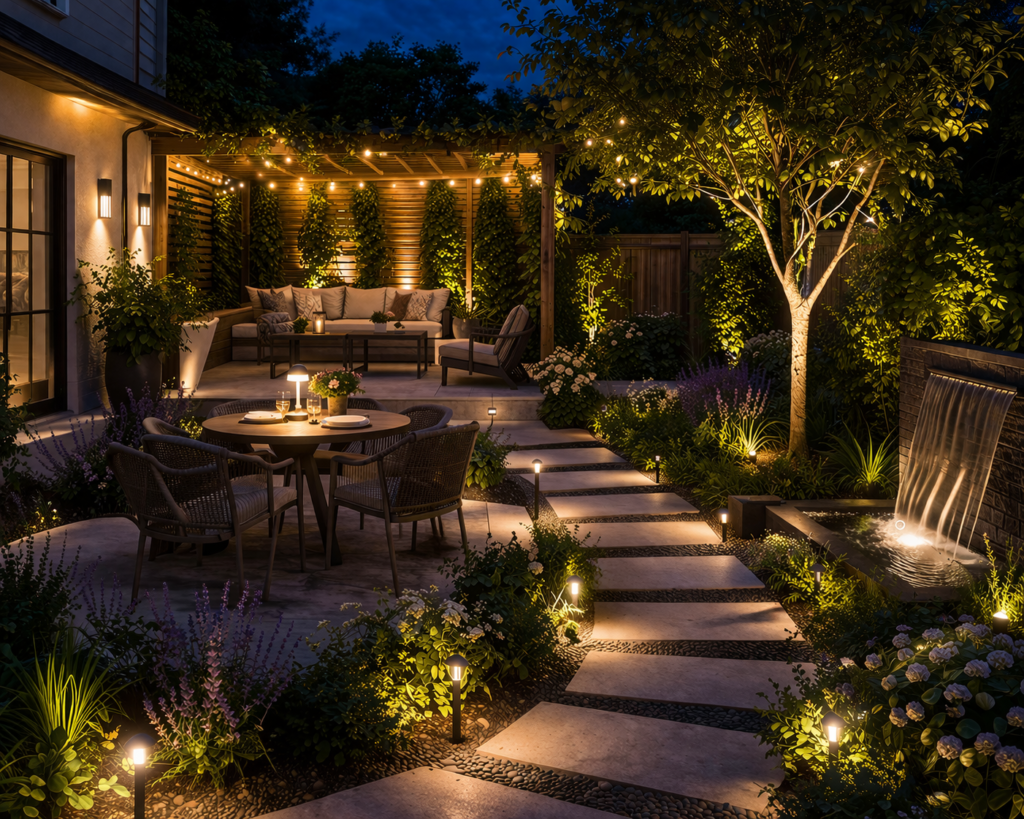 Garden lighting ideas outdoor with layered lighting including ambient, task, and accent lights creating a balanced and functional backyard