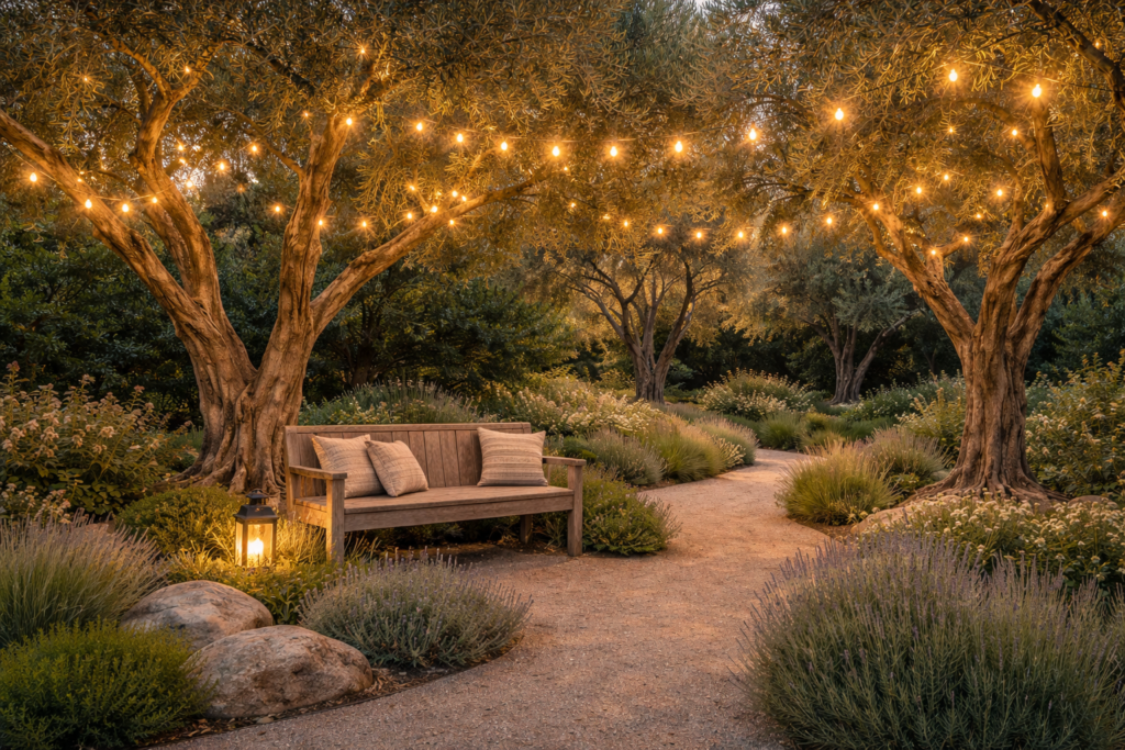 olive garden with wooden bench under olive trees and warm string lights creating a cozy outdoor space