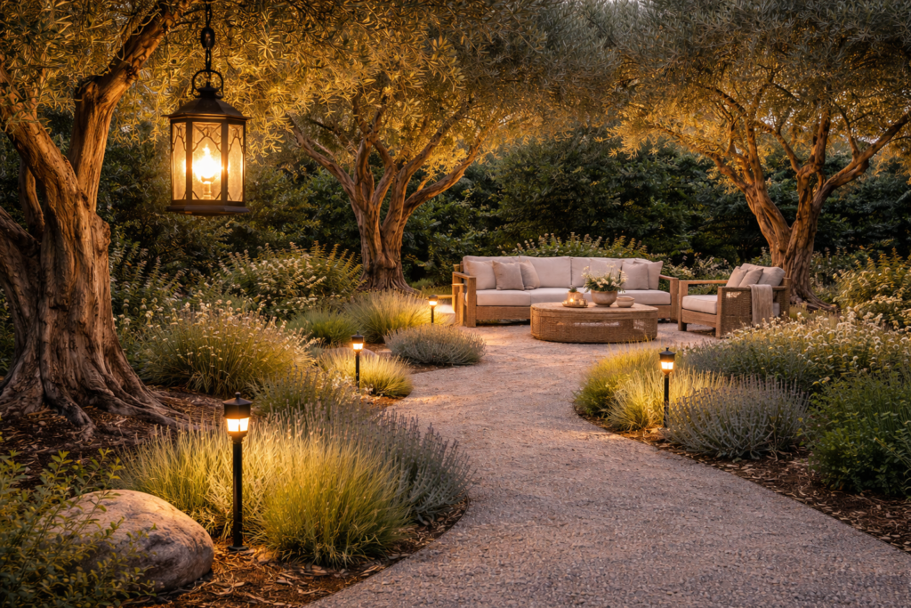 olive garden with hanging lanterns and solar lights under olive trees creating a warm evening ambiance