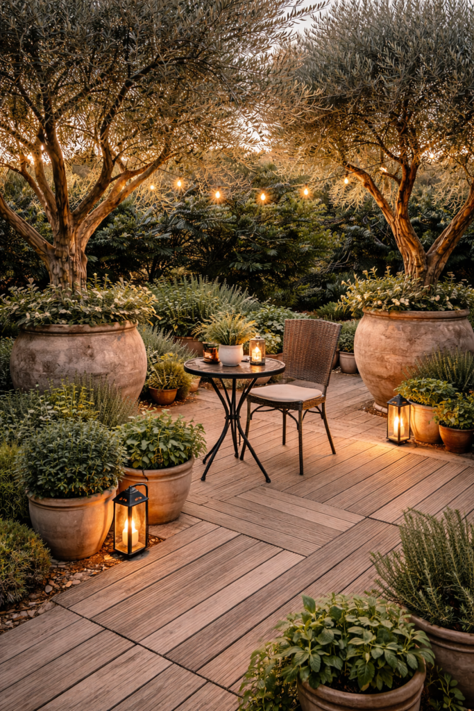 olive garden with large olive tree pots, wooden floor tiles, bistro chair, lantern, string lights, and herb pots