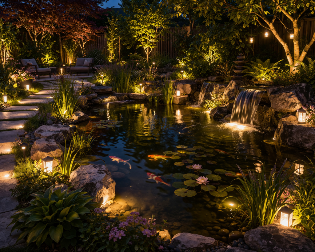 garden lighting ideas outdoor with soft lighting around pond highlighting water, plants, and stone edges
