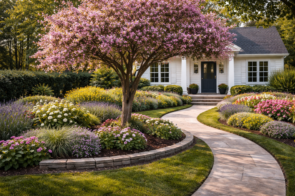 Garden front yard ideas with feature tree as focal point and balanced landscaping
