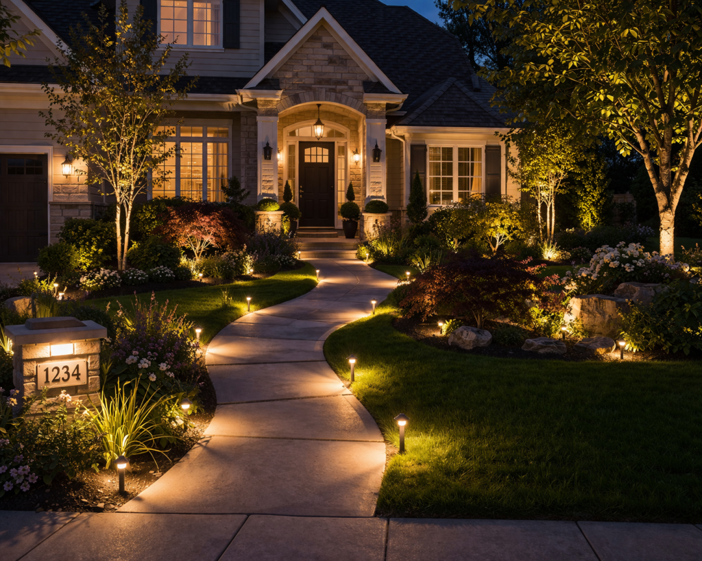 Garden lighting ideas outdoor with front yard pathway lights, tree uplighting, and soft landscape illumination around a modern home
