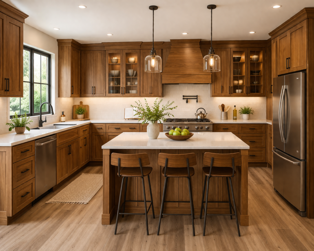 Modern kitchen cabinets ideas with wooden cabinets, warm wood tones, spacious island, and stylish lighting in a contemporary kitchen