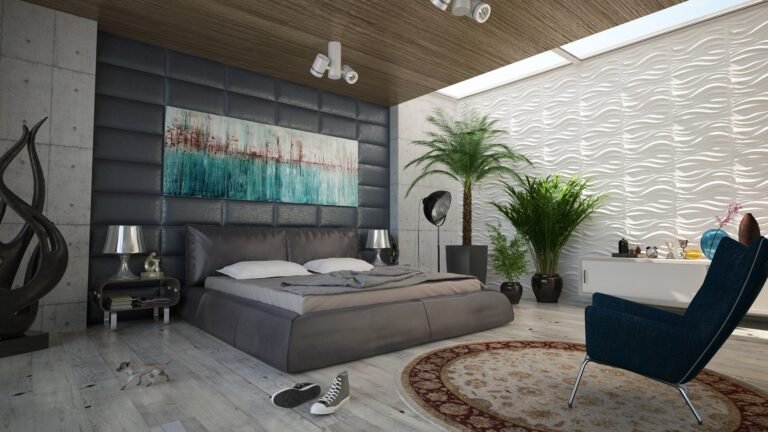 Modern bedroom featuring large wall art for bedroom above the bed with neutral decor and soft lighting