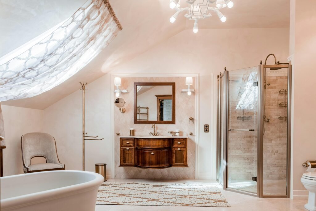 Modern bathroom with dark shower curtain, sleek fixtures, and minimalist interior