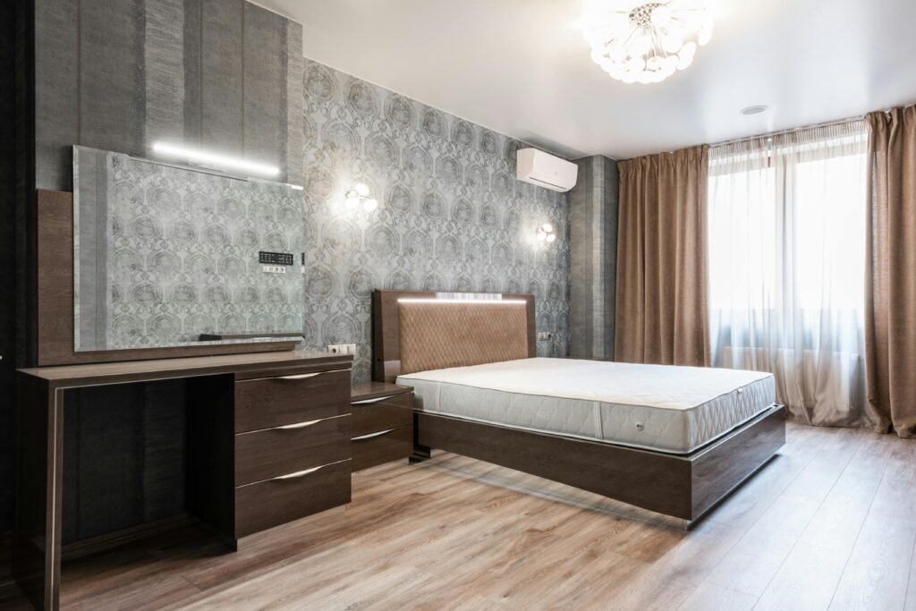 Elegant bedroom vanity with , mirror, and storage cabinets