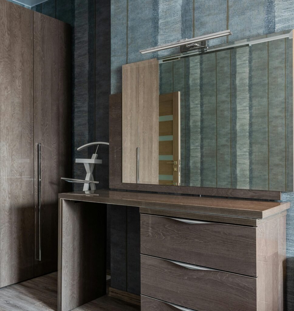 Modern bedroom vanity with sleek design, mirror, and storage drawers