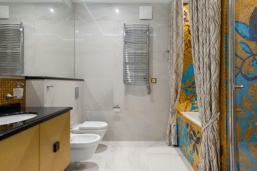 Elegant bathroom with dark shower curtain, modern fixtures, and clean tile walls
