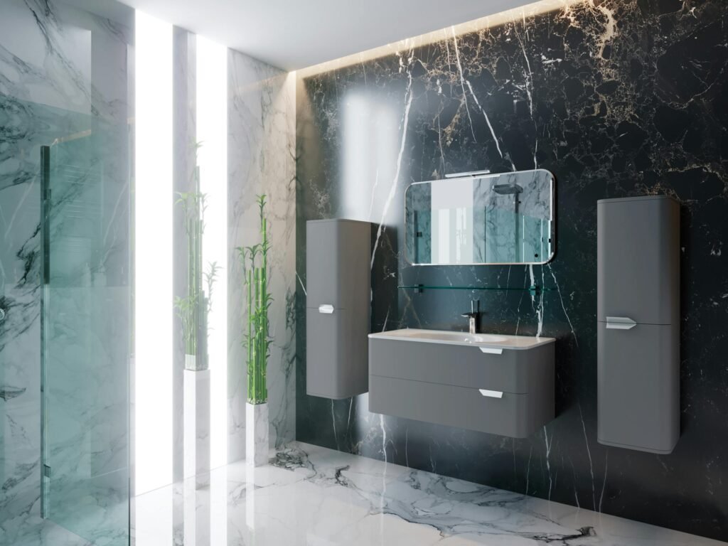 Modern bathroom with premium cabinets for the bathroom, sleek vanity unit, integrated storage, and soft ambient lighting.