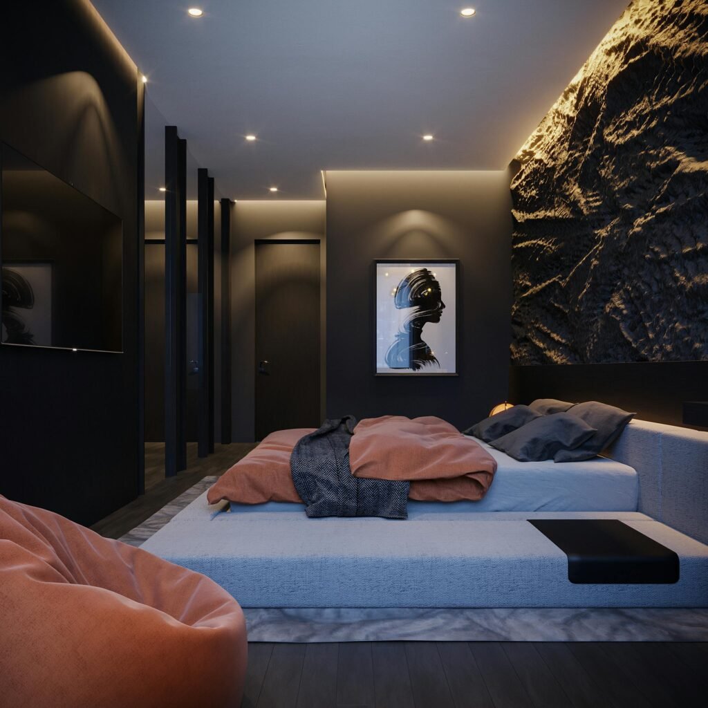 Contemporary bedroom with minimalist wall art for bedroom above the bed, clean lines and soft lighting
