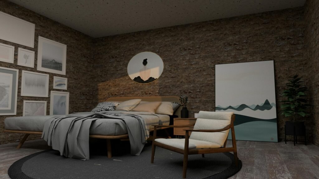 Elegant bedroom with oversized wall art for bedroom above the bed, soft neutral tones and ambient lighting