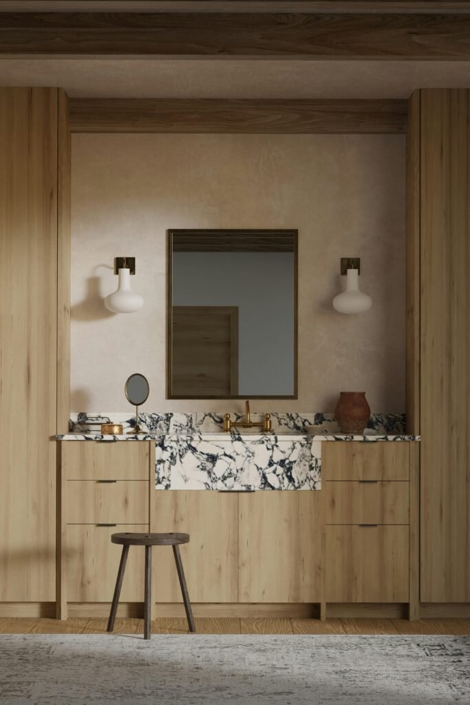 Contemporary bedroom vanity with floating cabinet, mirror, and soft lighting