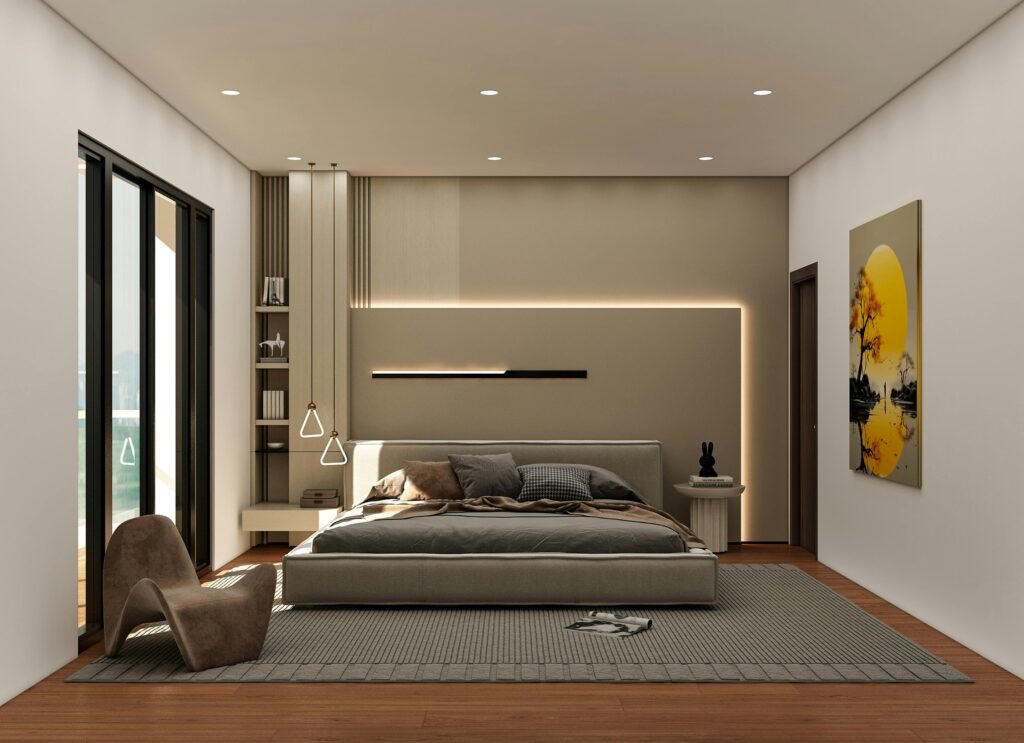 Stylish modern bedroom with bold wall art for bedroom above the bed, layered bedding and warm ambient lighting