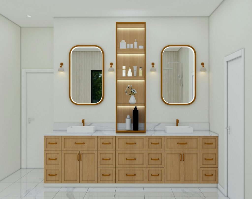 Contemporary bathroom with sleek cabinets for the bathroom, featuring a wall-mounted vanity, mirror, and organized storage space