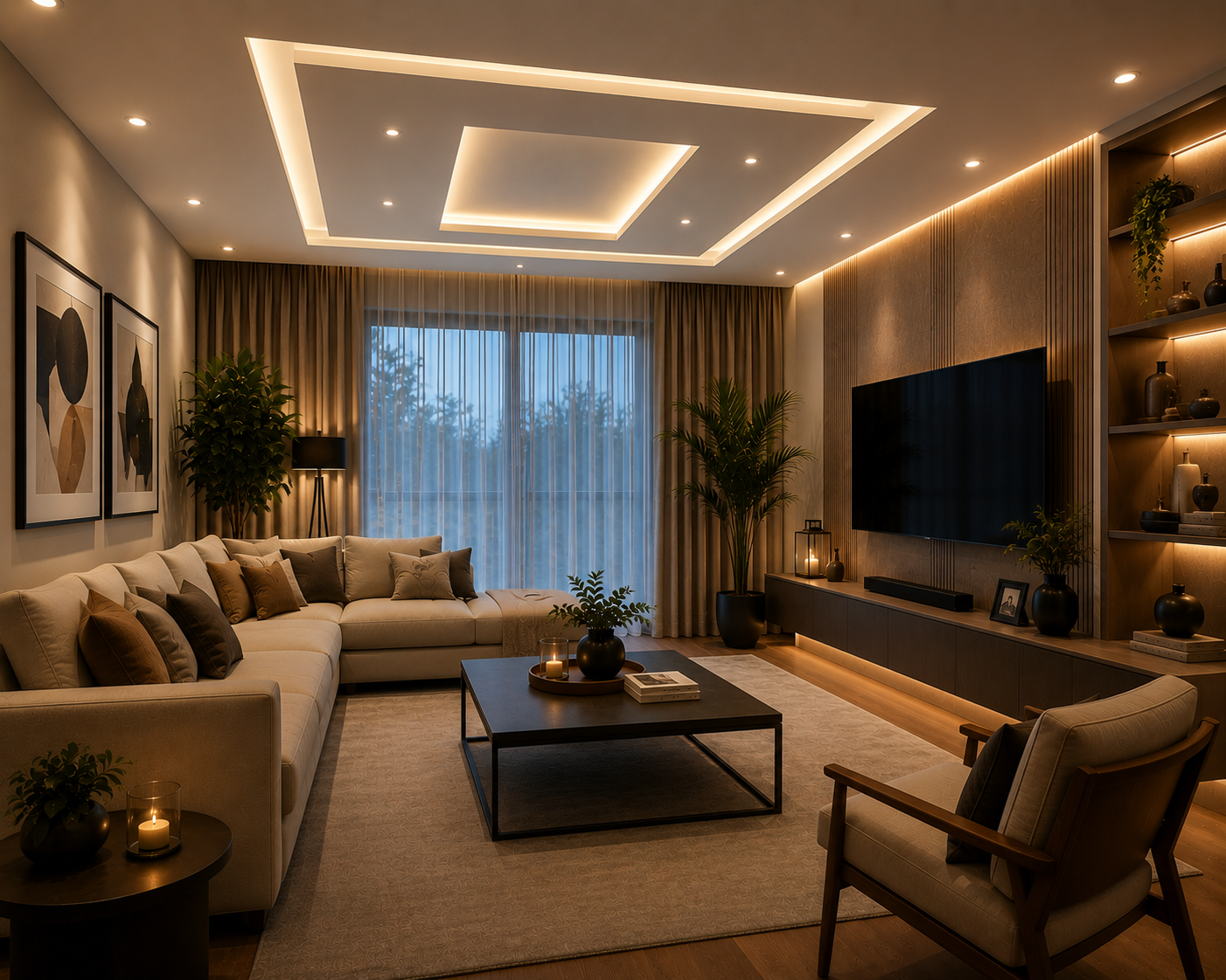 Elegant modern living room with geometric recessed ceiling lighting, warm ambient glow, beige sectional sofa, and minimalist decor.