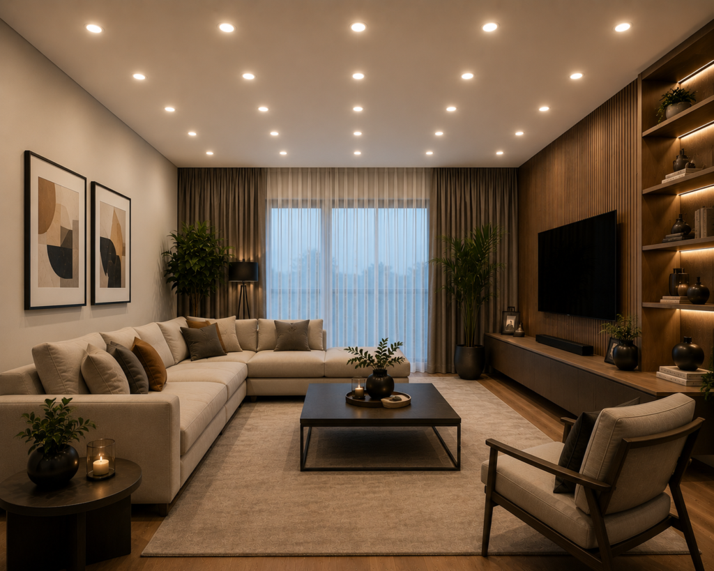 Contemporary living room with grid layout recessed ceiling lights, warm ambient lighting, neutral furniture, and elegant modern decor.