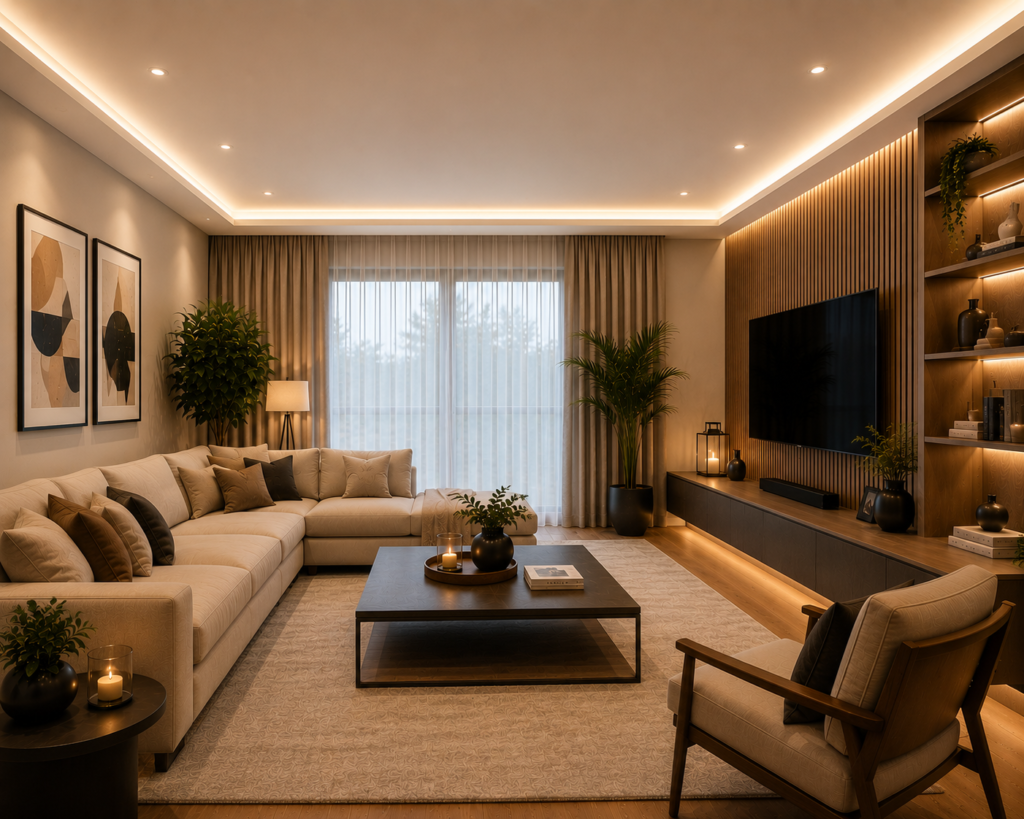 : Elegant living room with perimeter ceiling lighting, warm recessed LED glow, modern neutral furniture, and balanced ambient illumination.