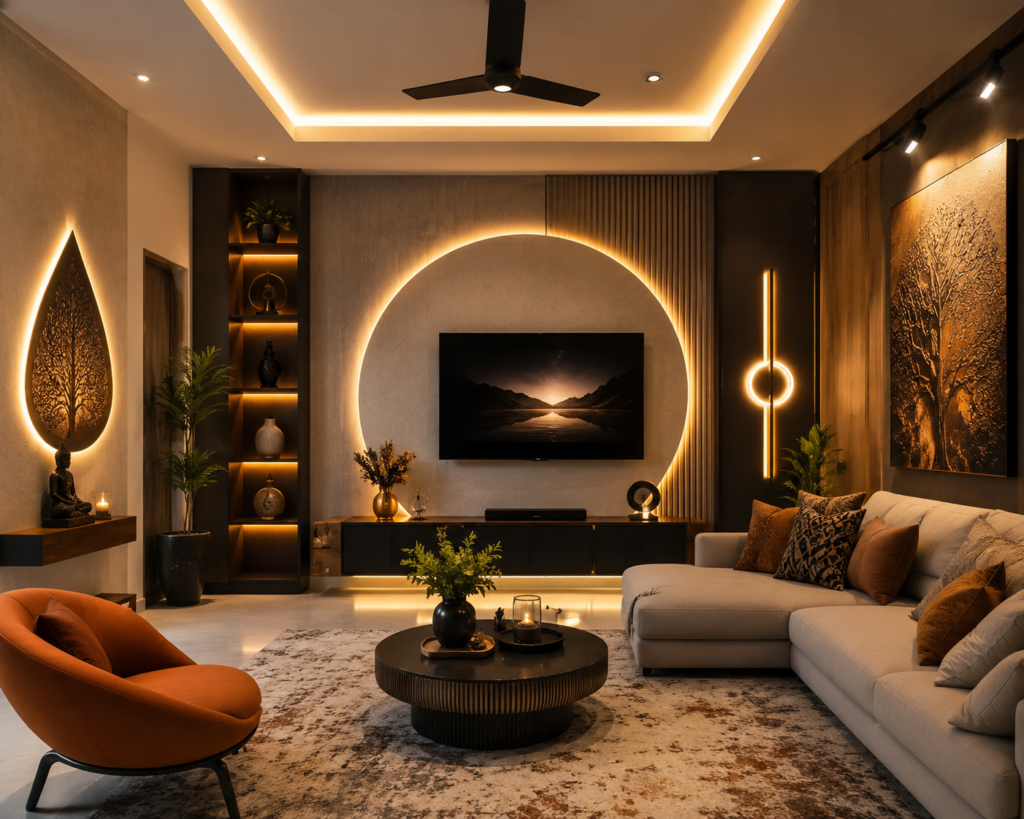 Stylish modern living room with accent lighting highlighting wall art, textured decor, cozy seating, and elegant contemporary interior details.
