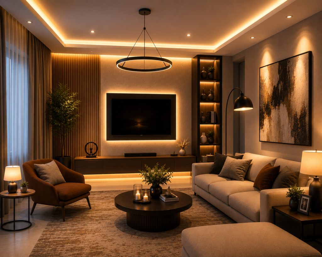 Elegant living room featuring layered lighting setup with recessed ceiling lights, accent wall lighting, ambient glow, and stylish contemporary furniture.