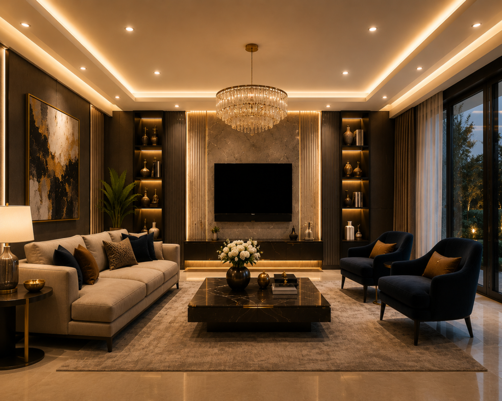Elegant luxury living room featuring dimmable recessed ceiling lighting, modern chandelier, plush seating, warm ambient glow, and sophisticated contemporary decor.